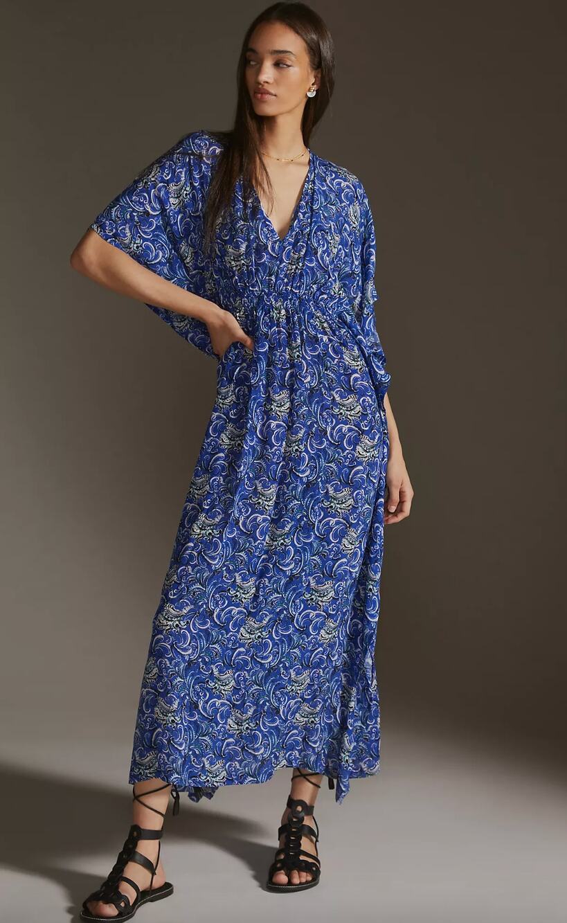 Rujuta Sheth V-Neck Maxi Kaftan Dress Greece Blue Swirl Print OS Anthropologie